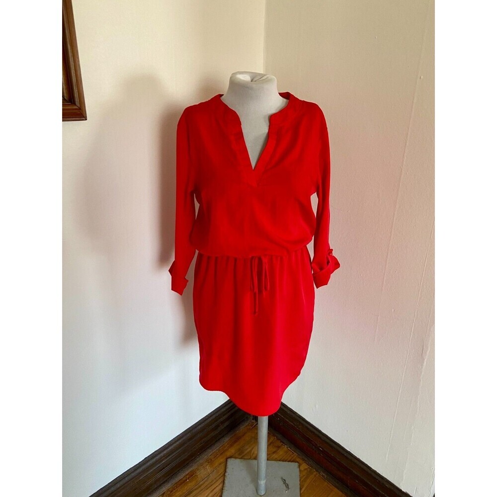 Peppermint Sheath Belt 3/4 Shirt Dress Red v Neck Classic Gathered Waist Tie